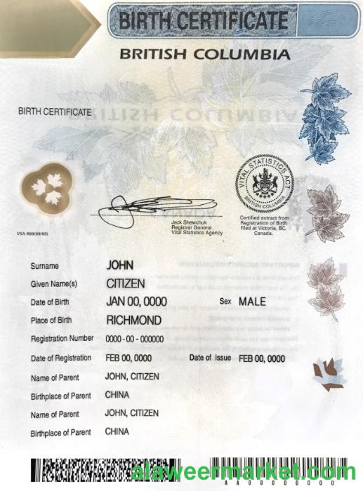 Canada British Columbia Birth Certificate template in PSD